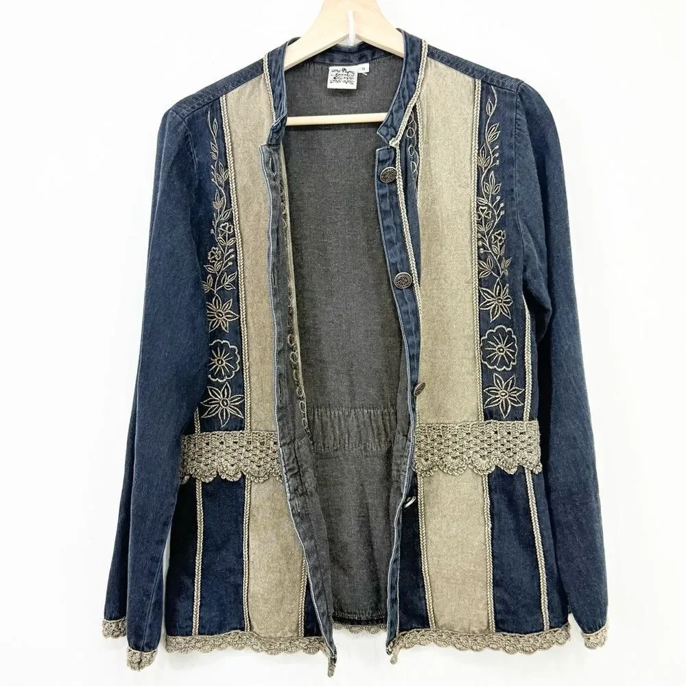 Parsley & Sage Blue Tan Cotton Denim Embroidered Lightweight Boho Jacket
